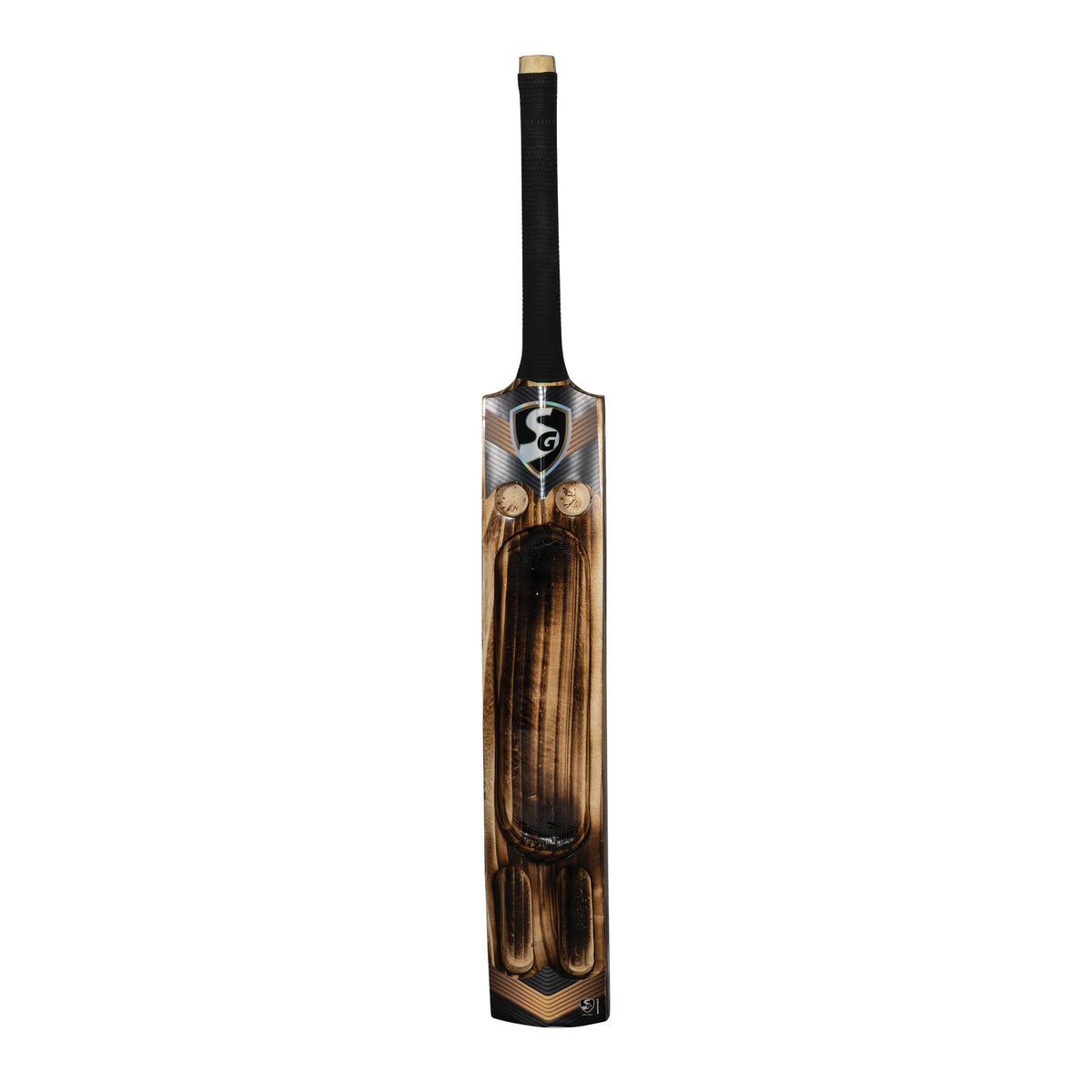 Full back view of SG T-Flame Tennis Cricket Bat showcasing scoop design and burnt wood finish at Alberta Cricket Store.