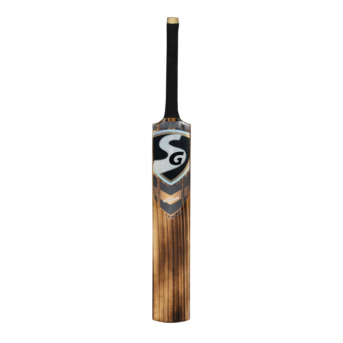 Full front view of SG T-Flame Tennis Cricket Bat with black grip and flame burnt finish at Alberta Cricket Store.