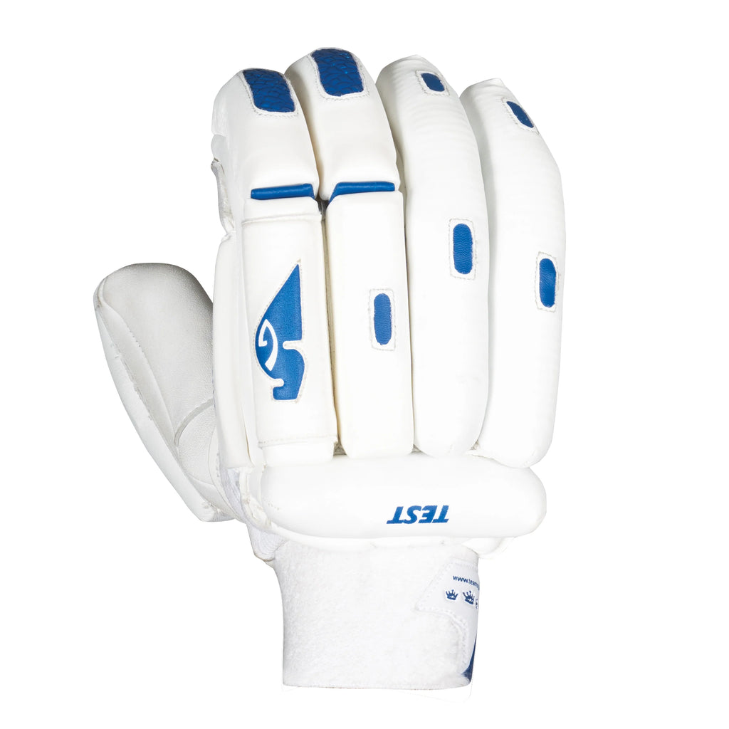A close-up view of a single white SG Test Classic cricket batting glove showing the protective split-finger foam padding blocks and blue logo.