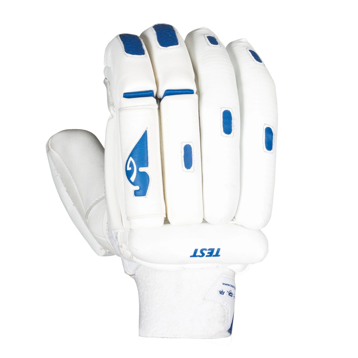 A close-up view of a single white SG Test Classic cricket batting glove showing the protective split-finger foam padding blocks and blue logo.