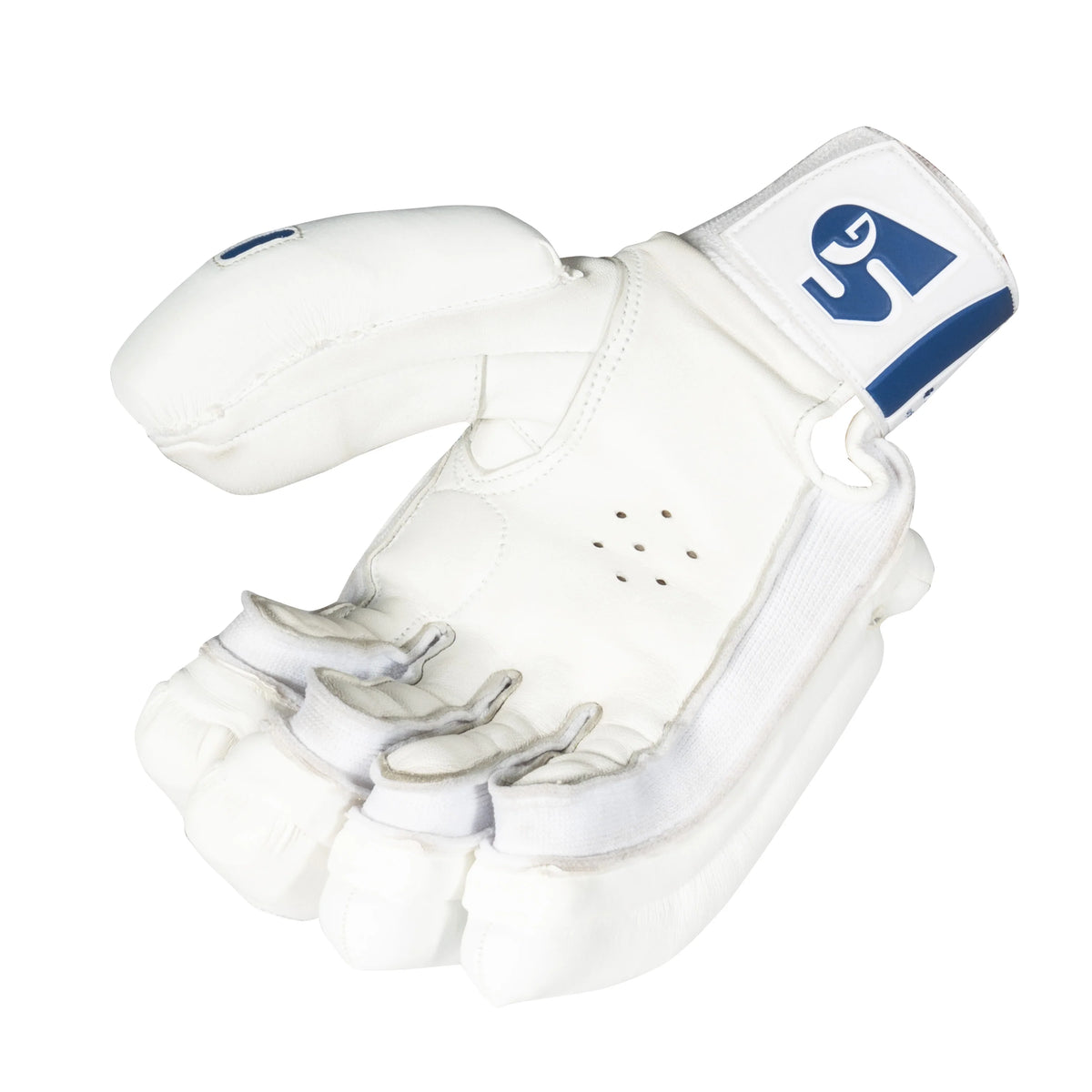 An angled look at a single white SG Test Classic cricket batting glove showcasing the premium leather palm, ventilation punch-holes, and reinforced thumb shielding.