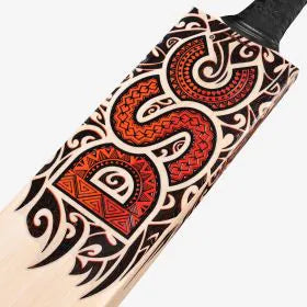 Close-up back sticker profile of DSC Thumpa 4000 English willow cricket bat showing orange and black tribal design graphics available at Alberta Cricket Store