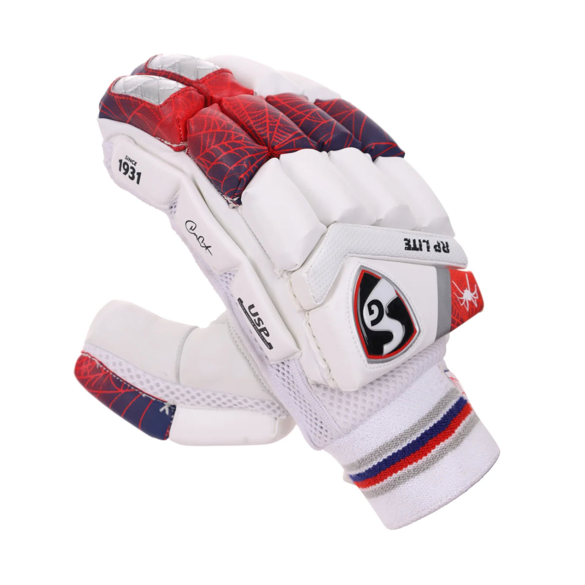 An angled look at a white SG RP Lite cricket batting glove highlighting the red and blue pattern design on the finger protection casing and the SG logo.