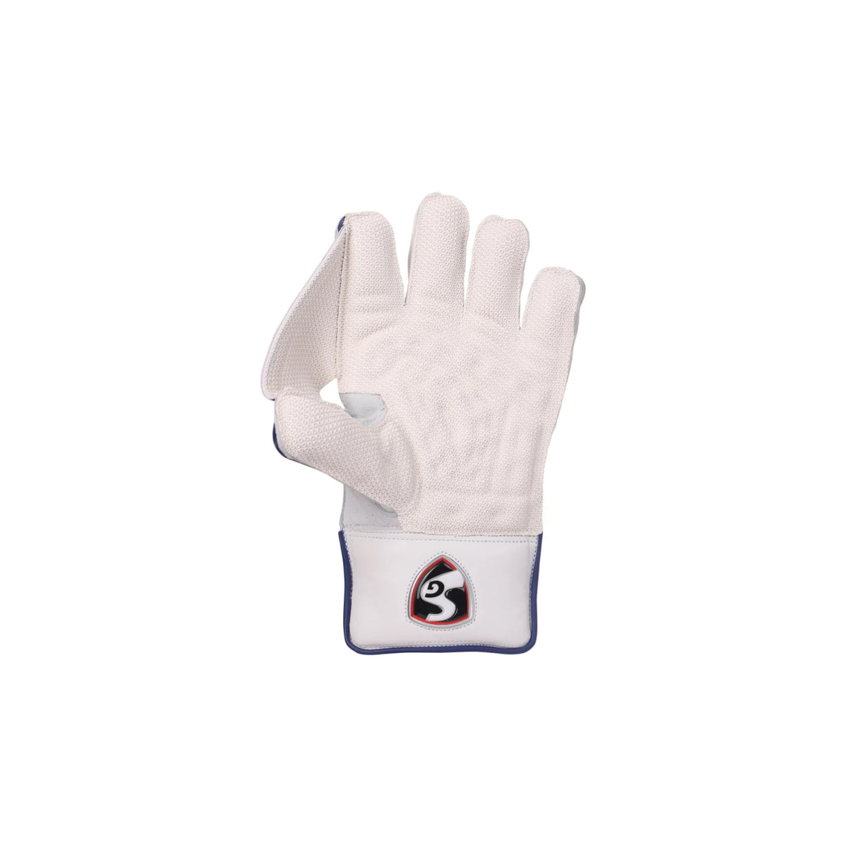 SG KLR 1 Wicket Keeping Glove backhand view showing premium navy blue and silver geometric pattern overlay with dynamic graphics.