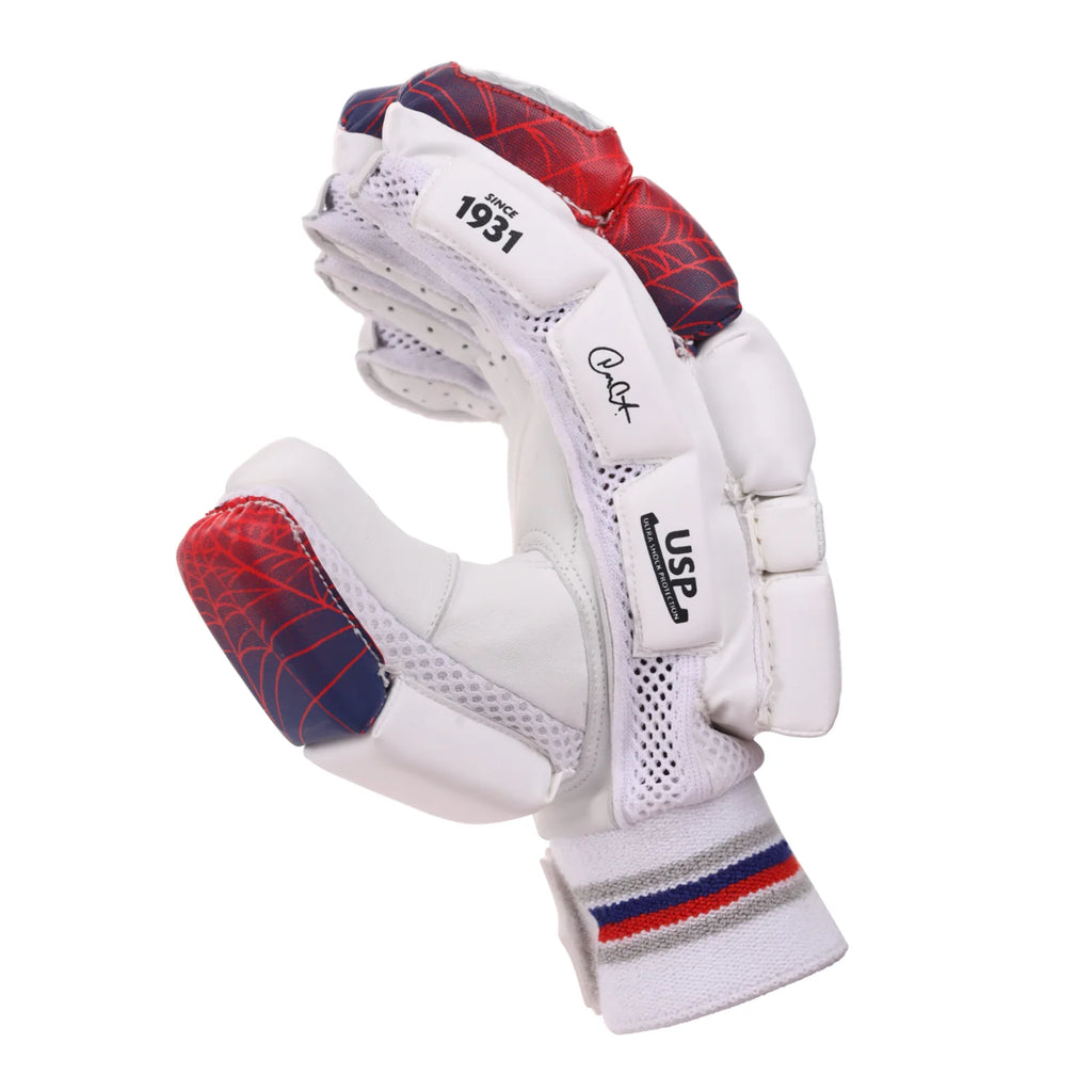 Side profile of a single white SG RP Lite cricket batting glove demonstrating the textured red and blue side index finger padding and thumb protection.