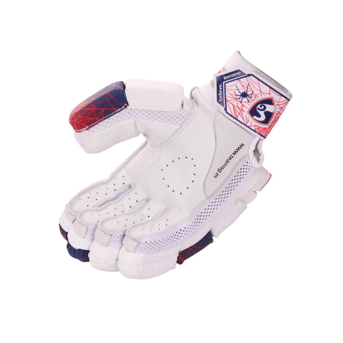 Close-up of the wide elasticated towel wristband on an SG RP Lite batting glove showing the red and blue striped pattern and secure closure.
