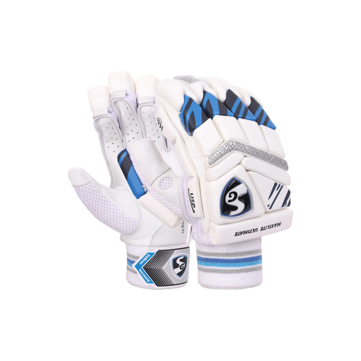 A pair of white SG Maxilite Ultimate cricket batting gloves for men's right hand featuring textured blue and silver finger protection sections.