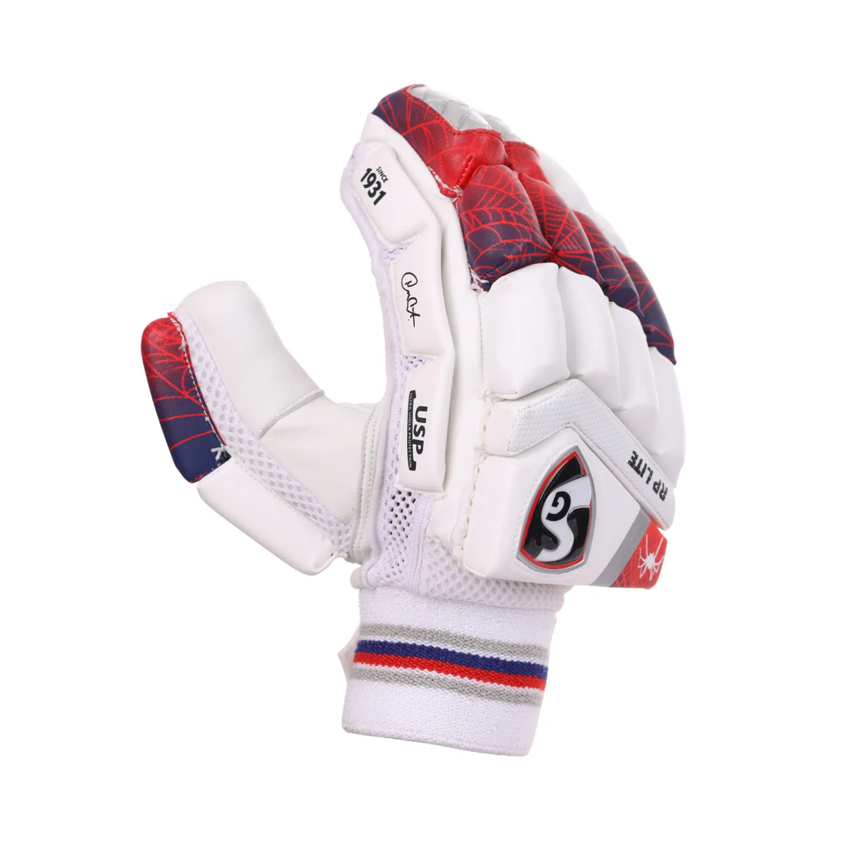 ide-profile view of a white SG RP Lite cricket batting glove highlighting the ergonomic thumb protection block and custom spider-web design patterns.