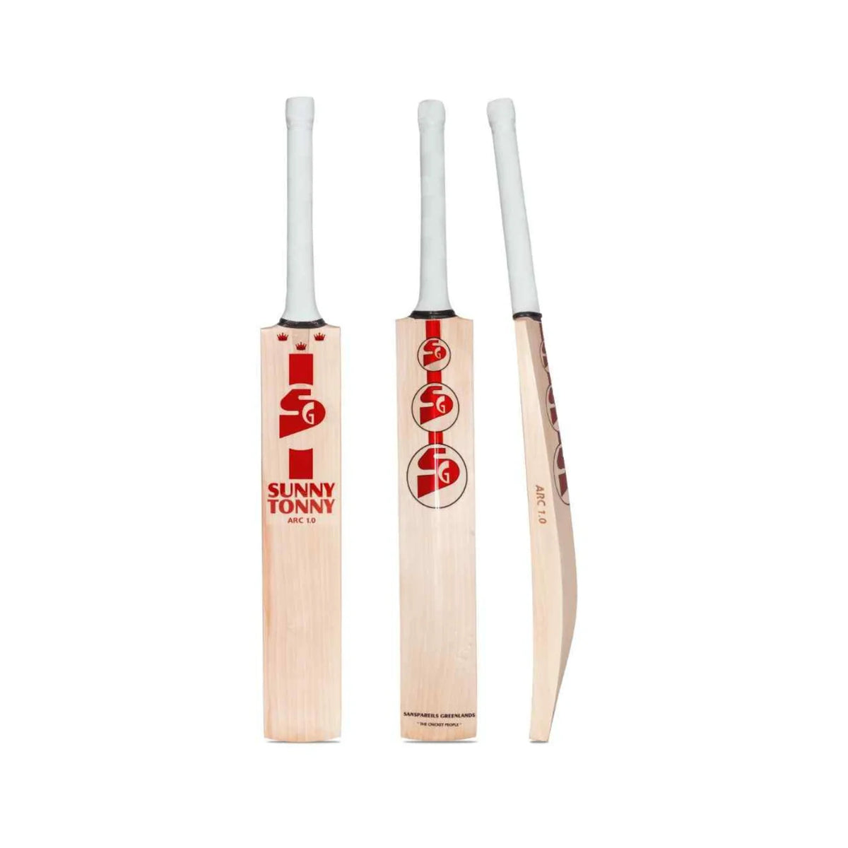 : Front, back, and side profile views of SG Sunny Tonny Arc 1.0 English Willow Cricket Bat at Alberta Cricket Store.