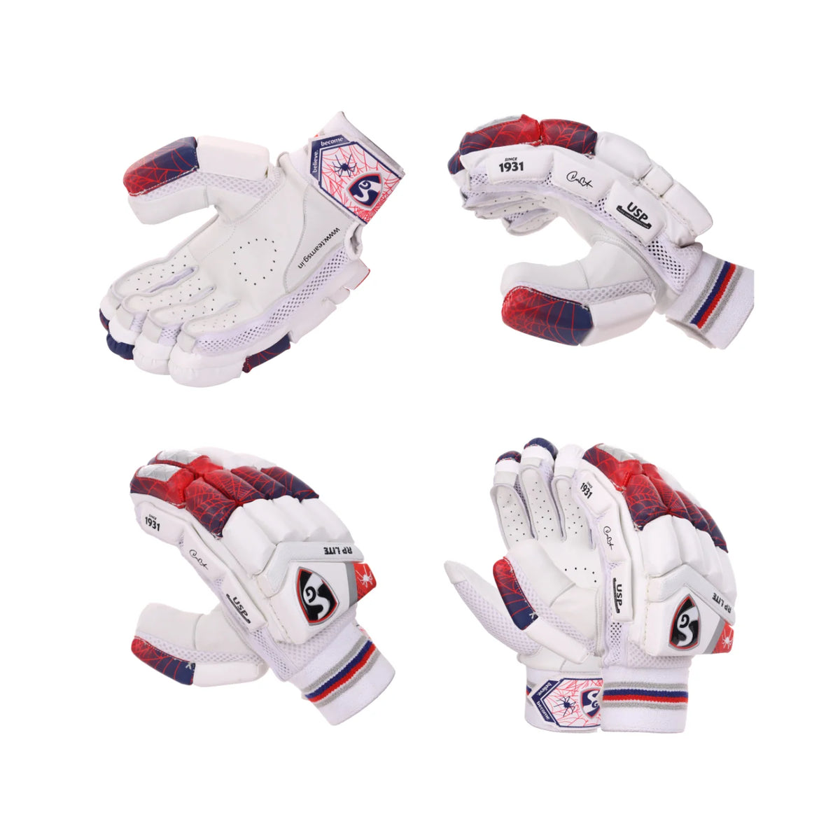A 4-angle product collage of the white, red, and blue SG RP Lite cricket batting gloves showing the palm, back, side profile, and thumb protection.