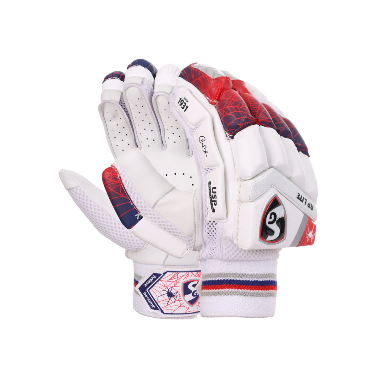 A pair of white SG RP Lite cricket batting gloves for men's right hand featuring red, blue, and grey patterned finger protection blocks.