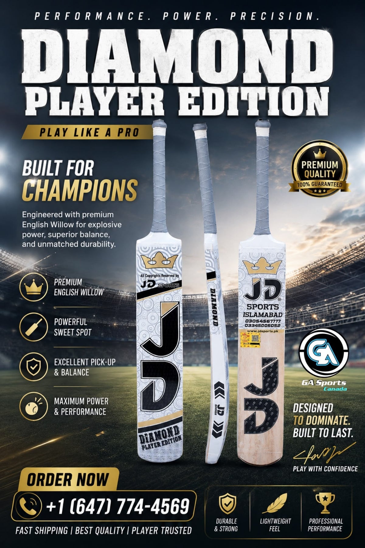 JD Diamond Tape Ball Cricket Bat