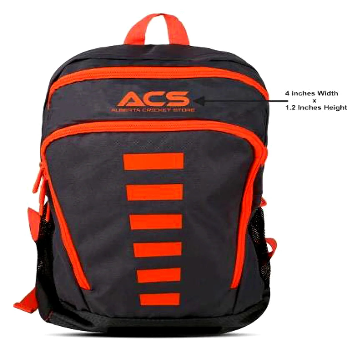 A charcoal grey and vibrant orange ACS Alpha Cricket Backpack showing the front compartments, mesh side pockets, and top carry handle.