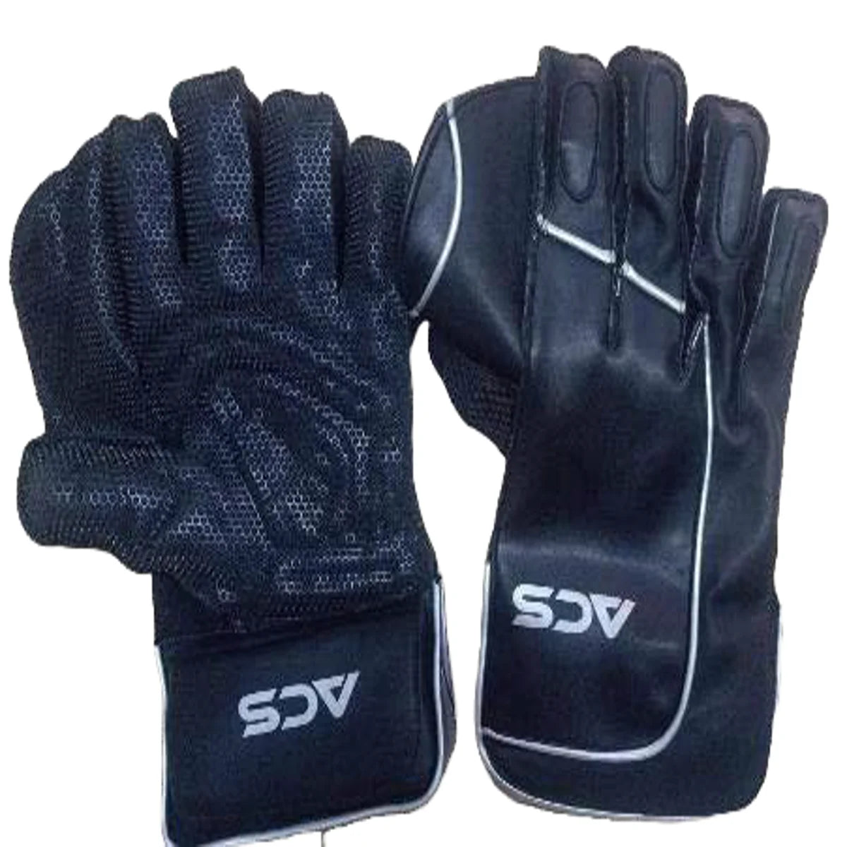 A pair of black ACS Pro Limited Edition wicket keeping gloves displaying the textured dimpled rubber palm grip and the sleek branded back.