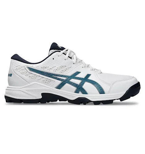 Lateral side view of Asics Gel-Peake 2 cricket shoe in white with teal Asics stripes facing right.