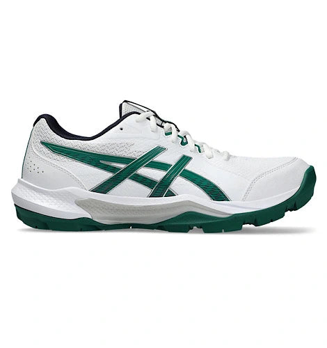 Side profile view of white and dark green Asics Gel-Peake 3 cricket shoe showing GEL midsole cushioning and lateral support stripes