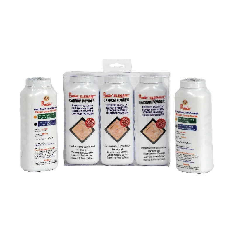 Pack of Precise Elegant carrom board powder bottles with sifter caps in transparent hanging display packaging