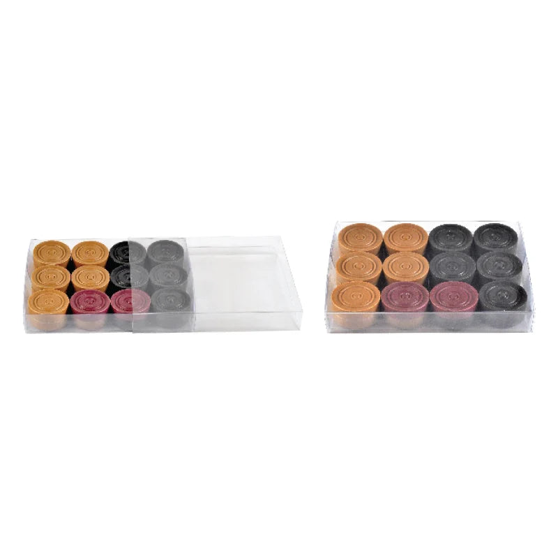 Set of wooden carrommen coins in beige, black, and red stored in a clear plastic display box