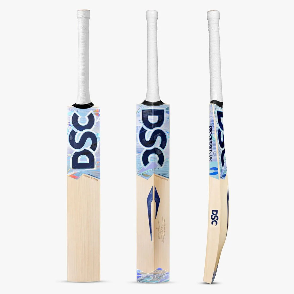 Front, back, and side profile view collage of Gray-Nicolls Imperia 1.1 Pro Lite English Willow Cricket Bat with yellow grip at Alberta Cricket Store.