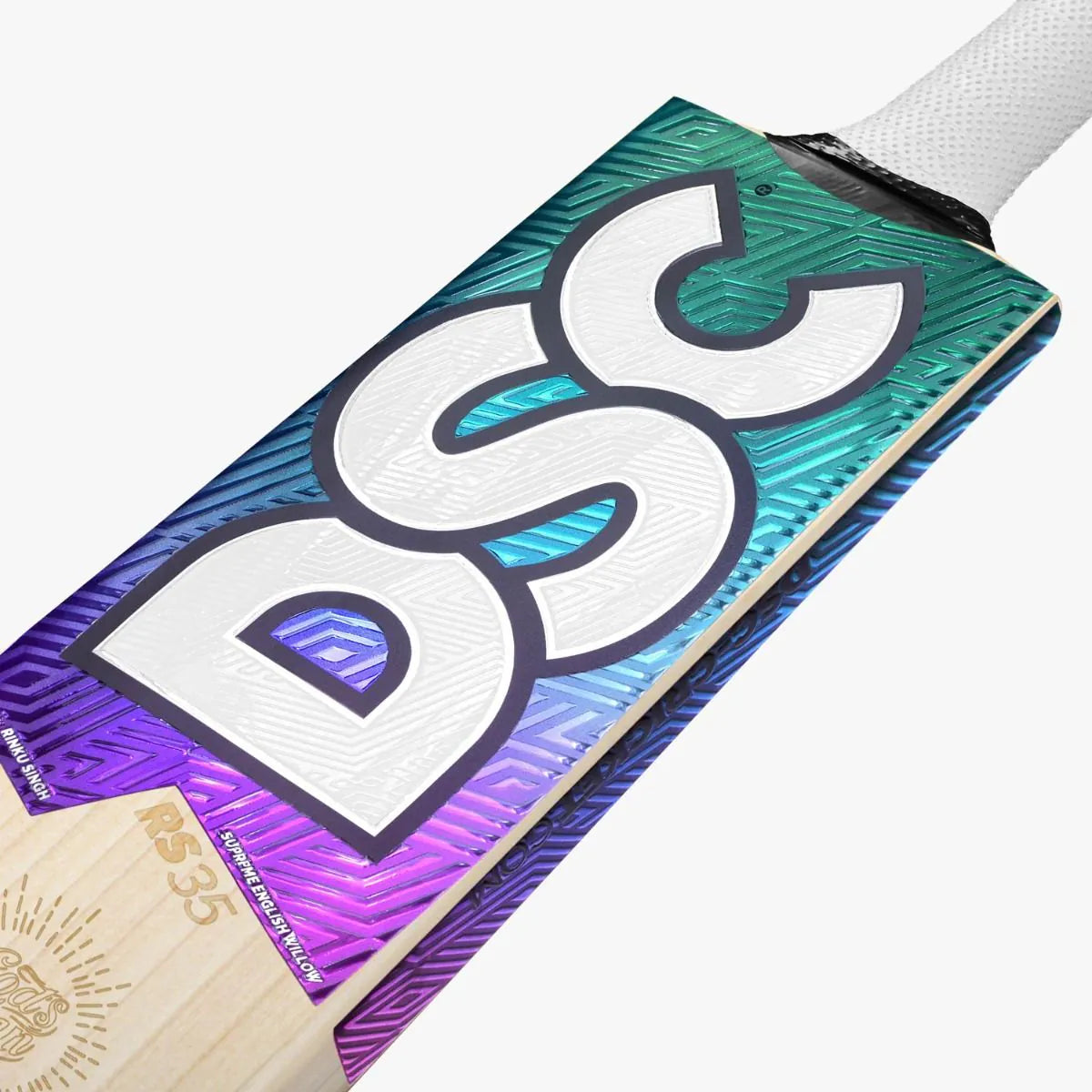 Close up of premium green and purple sticker branding on DSC RS 35 Gods Plan Supreme English Willow Cricket Bat - Alberta Cricket Store