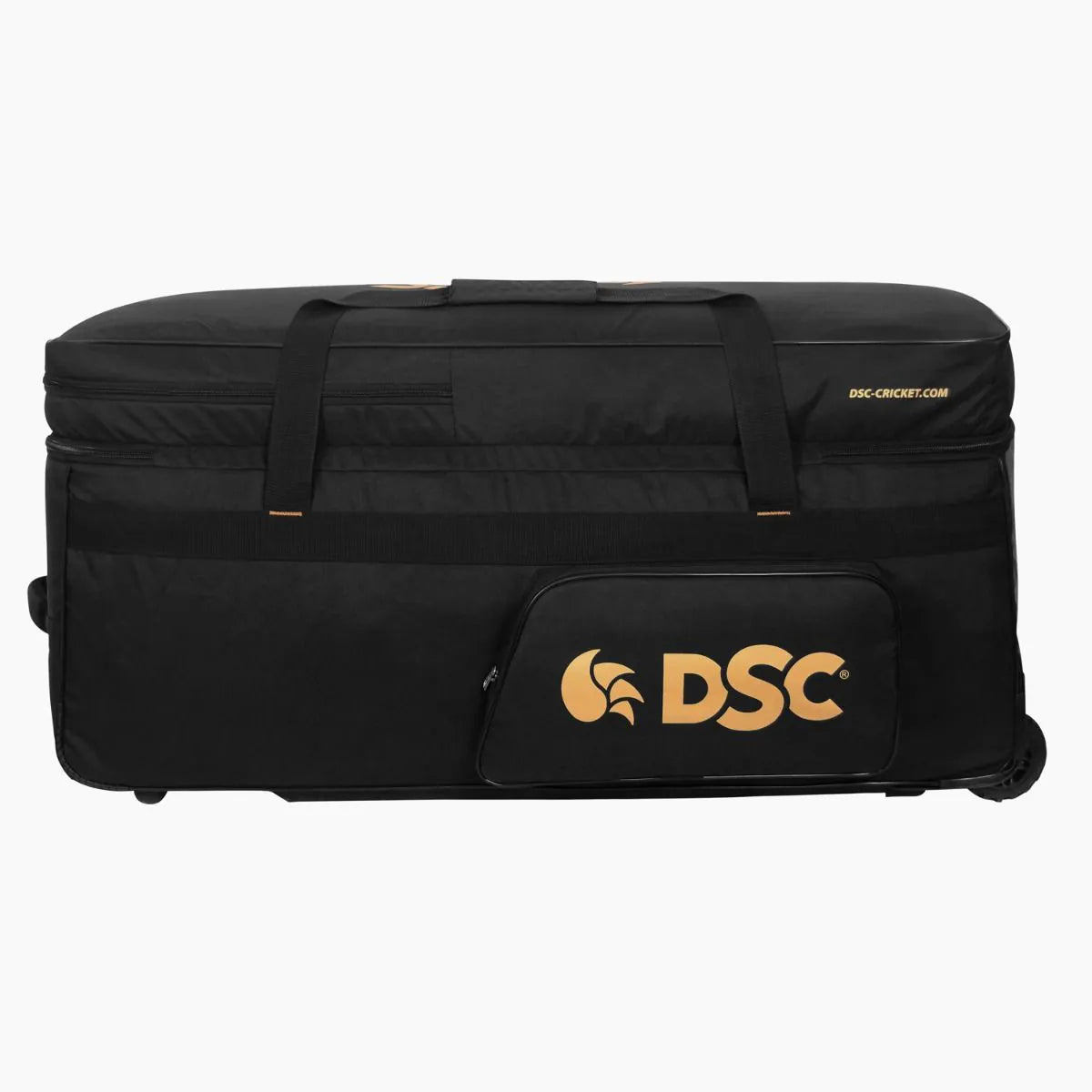 Rear side profile of DSC Team Wheelie Large cricket kit bag in black on Alberta.