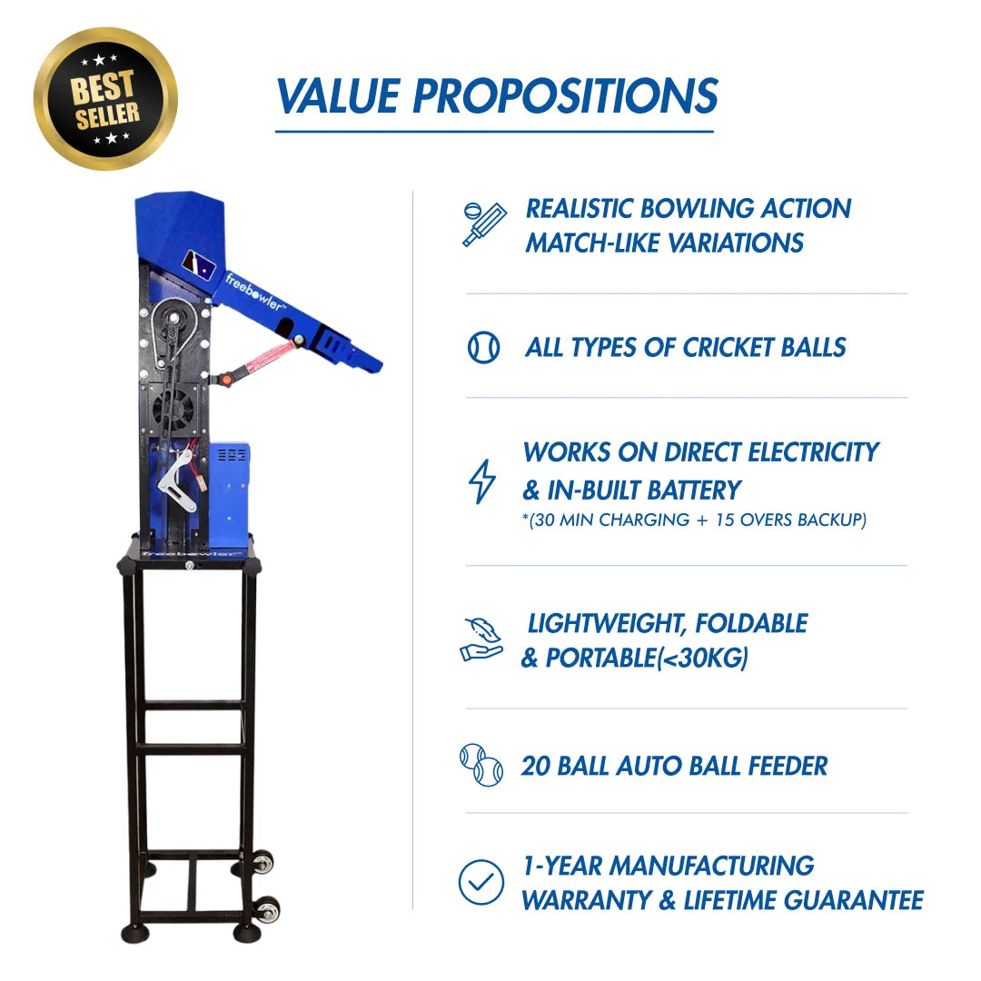 FreeBowler FS2 Pro portable cricket ball thrower value proposition infographic outlining key product benefits on Alberta.