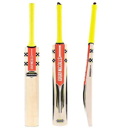 Gray-Nicolls Imperia cricket bat with a yellow grip, shown from the front, back and side.