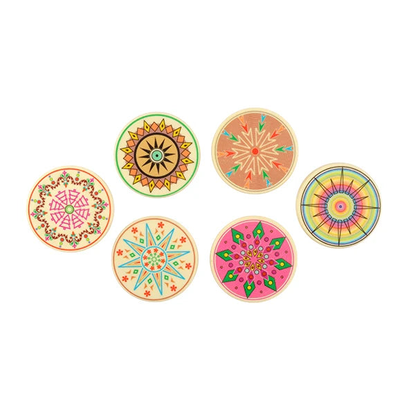 Six colorful carrom board strikers featuring distinct geometric star and floral pattern designs