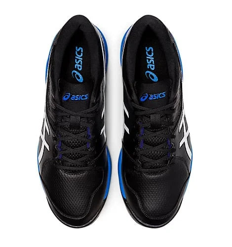Top-down view of black Asics Gel-Peake 2 cricket shoes with blue and white accents.