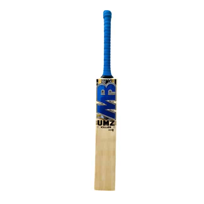 Back profile view of MB Malik UMZ Killer Edition Cricket Bat with blue and silver branding stickers - Albert Cricket Store