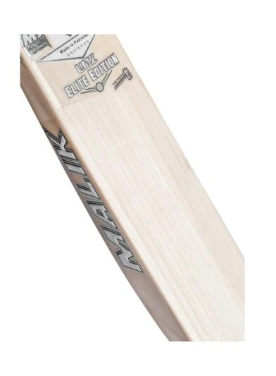 Close-up upper view of MB Malik UMZ Elite Edition Cricket Bat with silver graphics - Albert Cricket Store