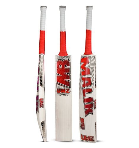 Three views showing side profile, back, and front of Malik MB SRB English willow cricket bat available at Alberta Cricket Store
