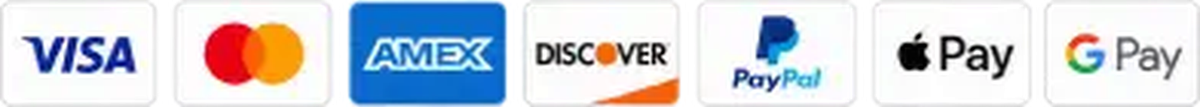 Payment icons: Visa, Mastercard, Amex, Discover, PayPal, Apple Pay, Google Pay