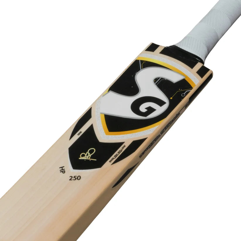 SG HP 250 Premium English Willow Cricket Bat upper face view showing black and gold branding stickers and white handle grip