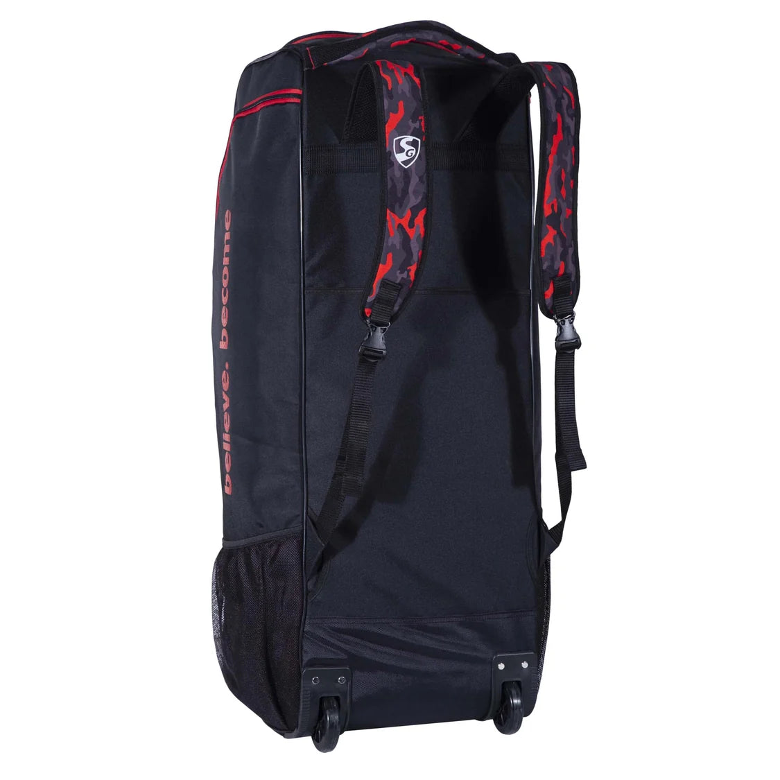 Back view of SG Savage X4 duffle wheelie cricket bag showing padded shoulder straps and wheels on Alberta.