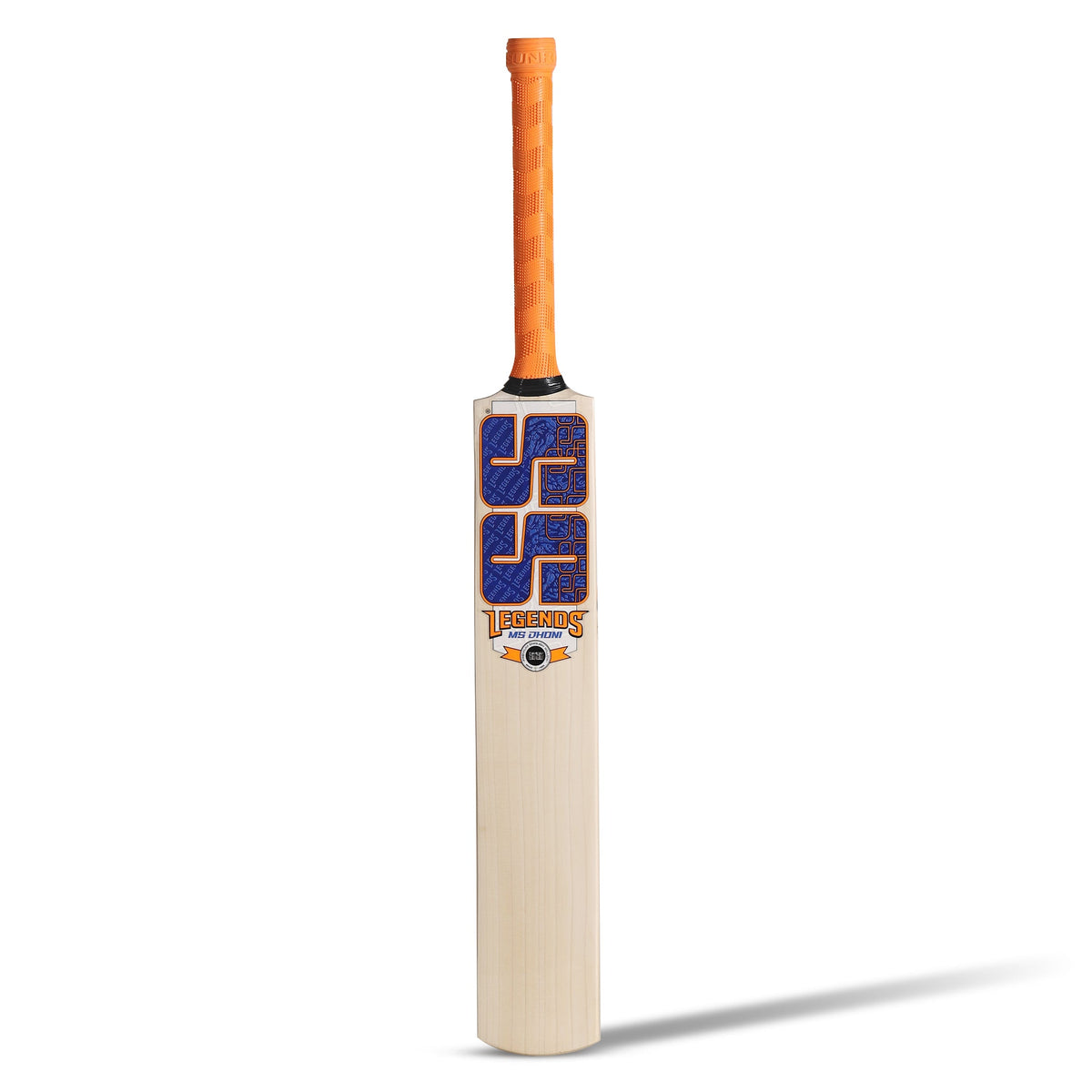 SS Legend Dhoni English willow cricket bat – full-length view with orange grip