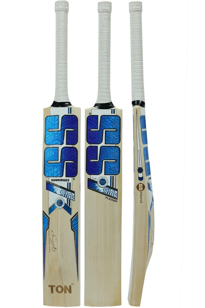 Three angles of SS SKY Flicker English Willow Cricket Bat showing back graphics, front face grain, and side spine profile