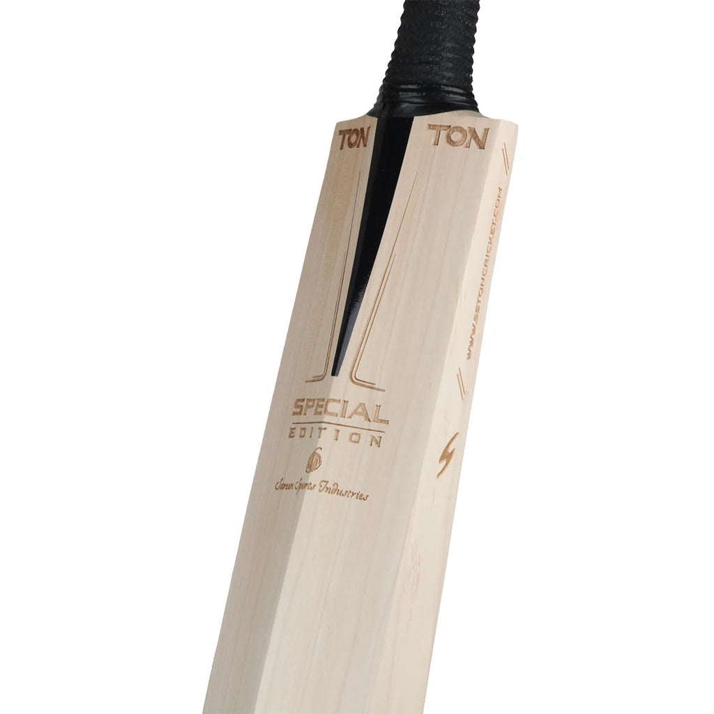 Close-up of the back shoulder and sticker detail on the SS TON Special Edition cricket bat on albertacrickets.com.