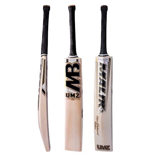 MB UMZ Super Professional Cricket Bat multi-angle view showing front, back, and side profile with black grip - Albert Cricket Store