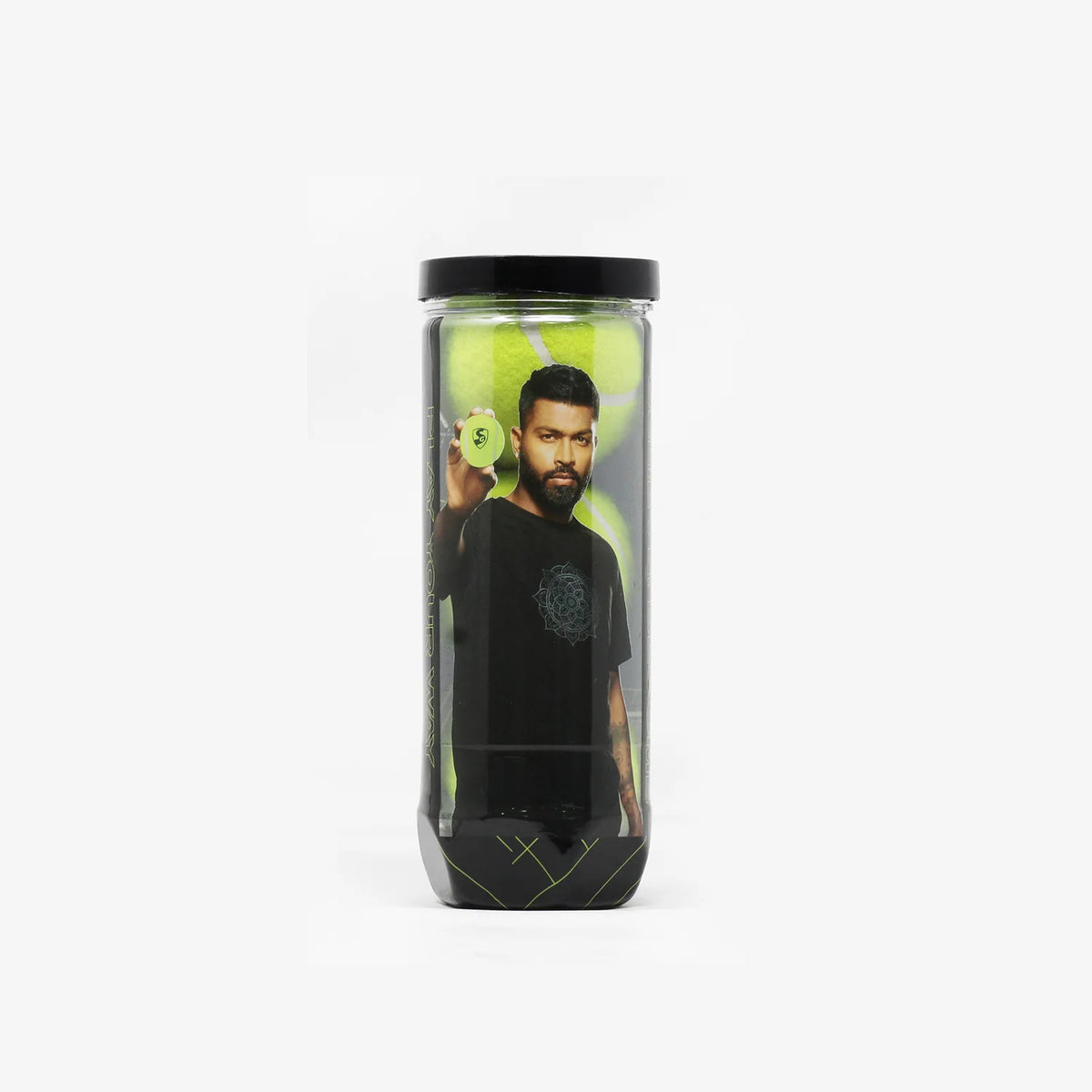 A transparent cylindrical three-pack container of fluorescent yellow SG Club Lite cricket tennis balls featuring a graphic of Hardik Pandya on the label.