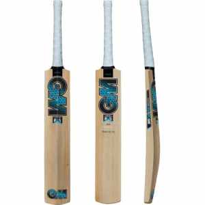 GM Diamond 202 Kashmir Willow Short Handle cricket bat showing front, back, and side views with blue graphics and white grip at Alberta Cricket Store.