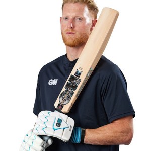 Ben Stokes holding GM Diamond 909 English willow cricket bat wearing matching GM batting gloves available at Alberta Cricket Store