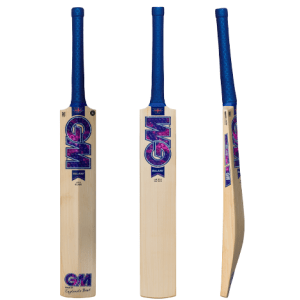 Three views showing back profile, front face, and side spine of GM Galaxy Original English willow cricket bat with textured blue grip available at Alberta Cricket Store