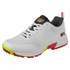 Front angular view of GM Rival All Rounder cricket shoe in white with red and yellow sole at Alberta Cricket Store