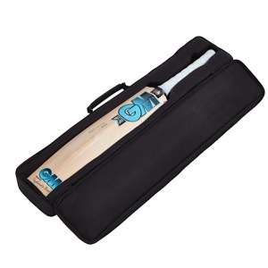 GM Jacob Bethell Players Edition English willow cricket bat neatly packed inside a premium black padded bat cover with a carrying handle, isolated on a white background.