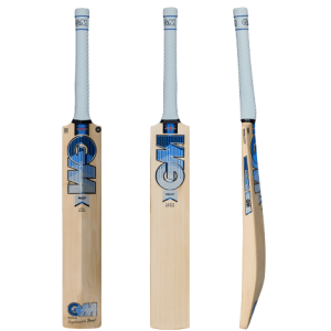 GM Maxi 909 English Willow Cricket Bat shown from three different angles including the front blade face, back spine, and side profile view with a white grip.