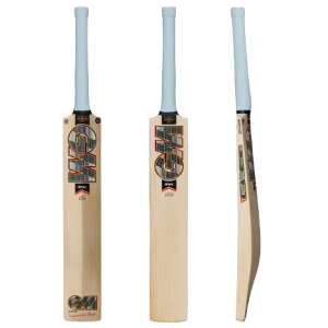 GM Rival 404 cricket bat showcasing front, back, and side profile views with a premium white grip and detailed black and orange graphics at Alberta Cricket Store.