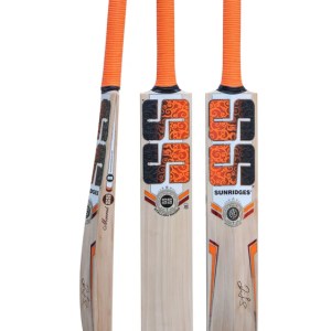 Three angles of SS Ravindra Jadeja Stallion Sword English Willow Cricket Bat showing back graphics, side spine profile, and front face