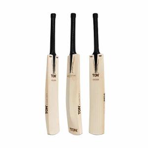 Multiple angles of the TON Special Edition cricket bat showing the front, profile spine, and back sticker details on albertacrickets.com.